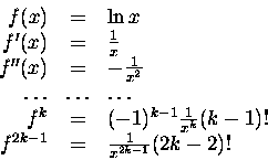 \begin{displaymath}\nonumber
\begin{array}{rcl}
f(x) & = & \ln x\\
f'(x) & = & ...
...k-1)!\\
f^{2k-1} & = & \frac{1}{x^{2k-1}} (2k-2)!
\end{array} \end{displaymath}